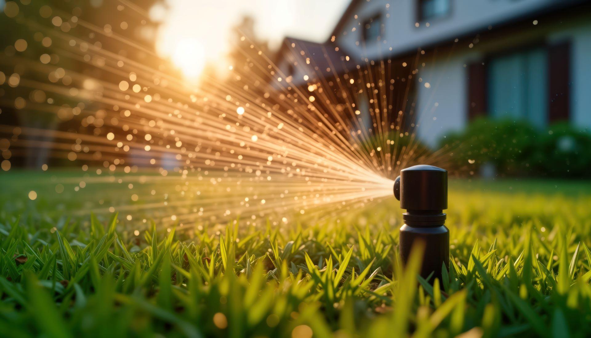automatische rasenbewaesserung mit spruehkopf im garten bei abendsonne
