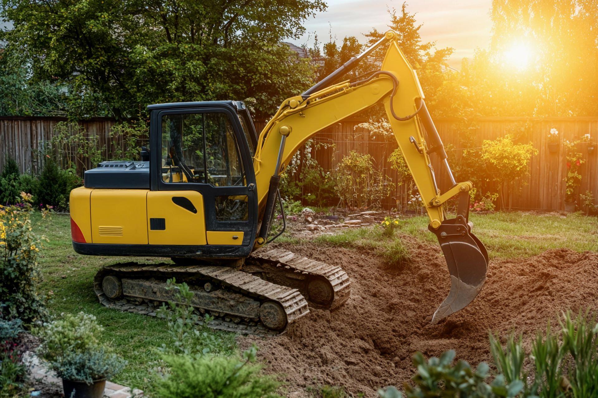 bagger hebt boden im garten aus fuer die installation eines unterirdischen wassertanks